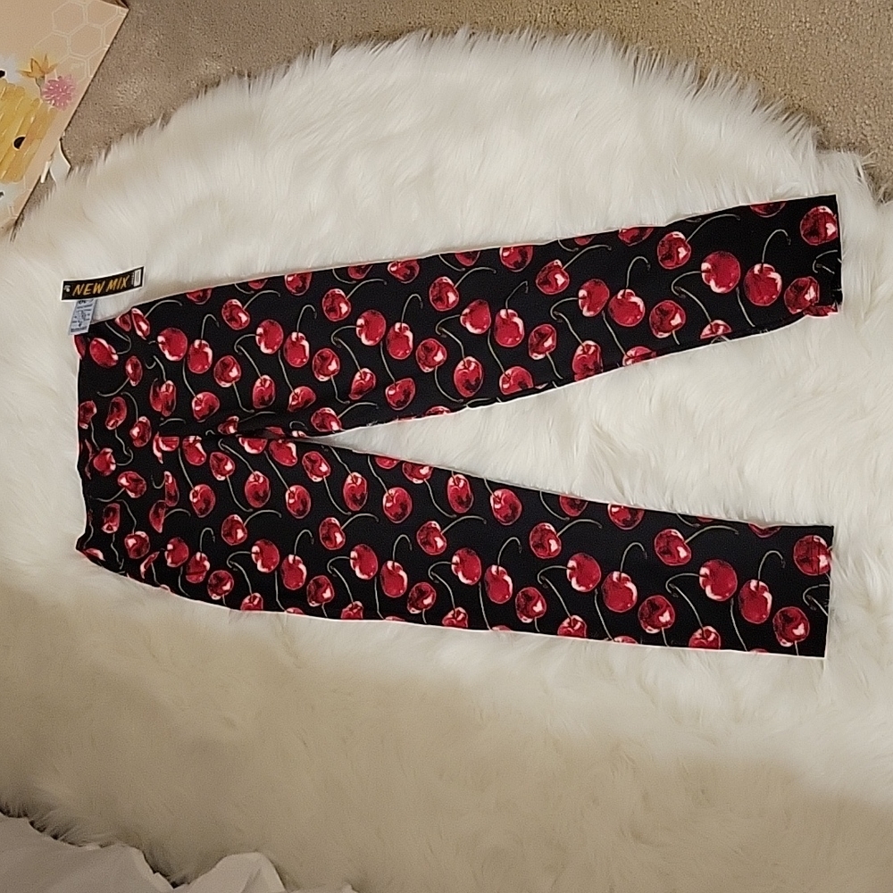 New Mix Cherry print red black brushed colorful leggings stretch One Size New